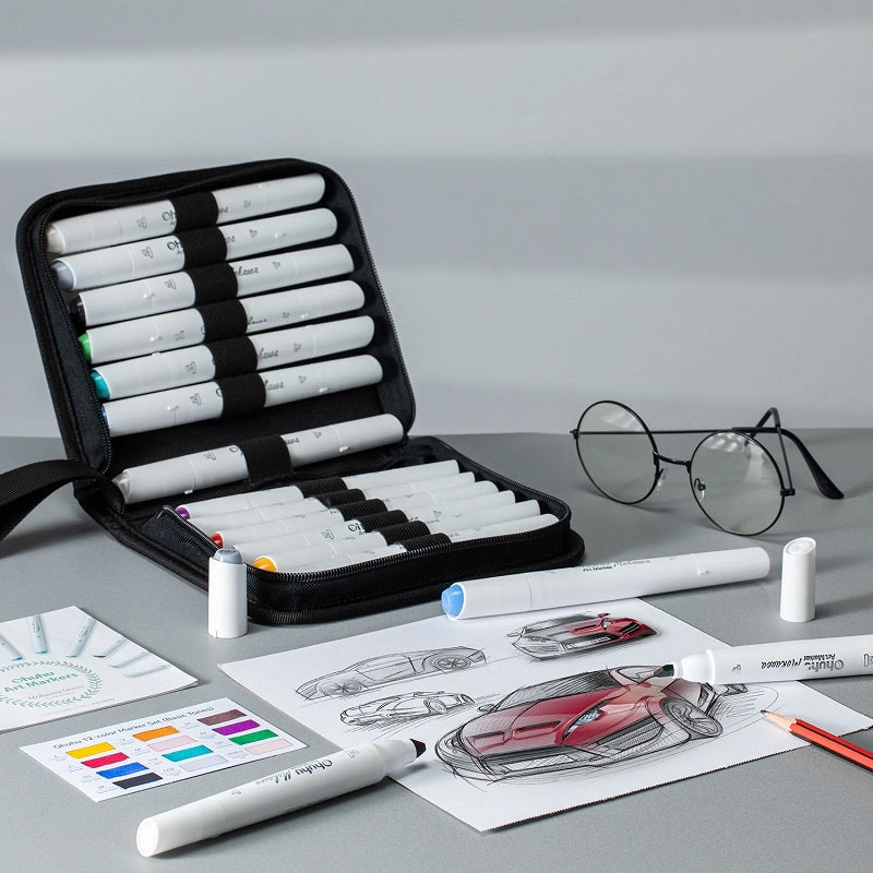 Ohuhu Mokauea Set 12 Markere, Baza Alcool, Dual Tips Tri-Nib&Chisel, Multicolor Y30-80402-63