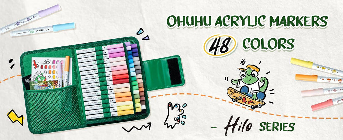 Ohuhu Hilo Set 48 Markere Acrilice, Direct-ink, Baza Apa, Varf Flexibil, Pentru Sticla, Ceramica, Pietre, Lemn, Plastic, Hartie, Panza, Multicolor Y30-80602-15