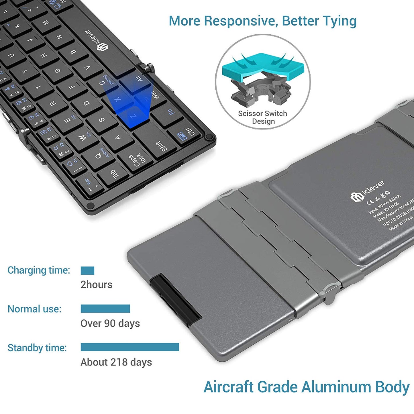 Tastatura Bluetooth 5.1 iClever IC-BK08, Pliabila, Touchpad, USB-C, Constructie Solida Din Aluminiu, Multi Dispozitive, Sisteme De Operare Multiple, 65 Taste, Portabila