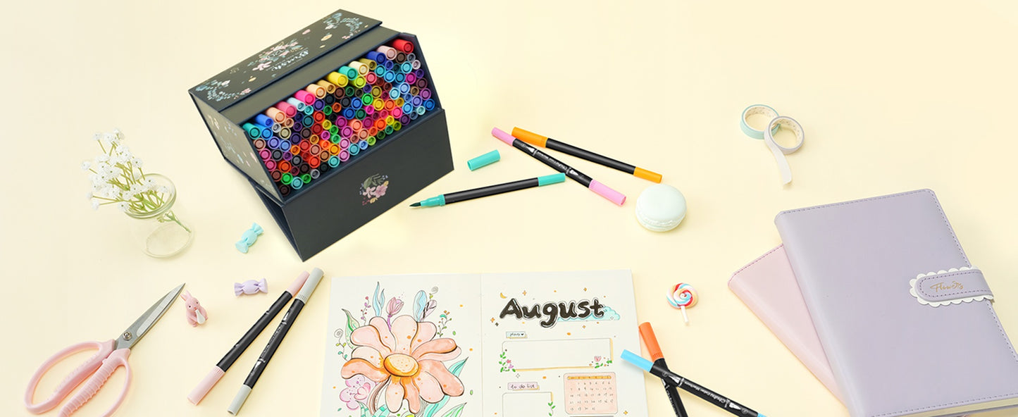 Ohuhu Maui Series Set 120 Markere, Baza Apa, Dual Tips Brush&Fineliner, Multicolor Y30-80600-40
