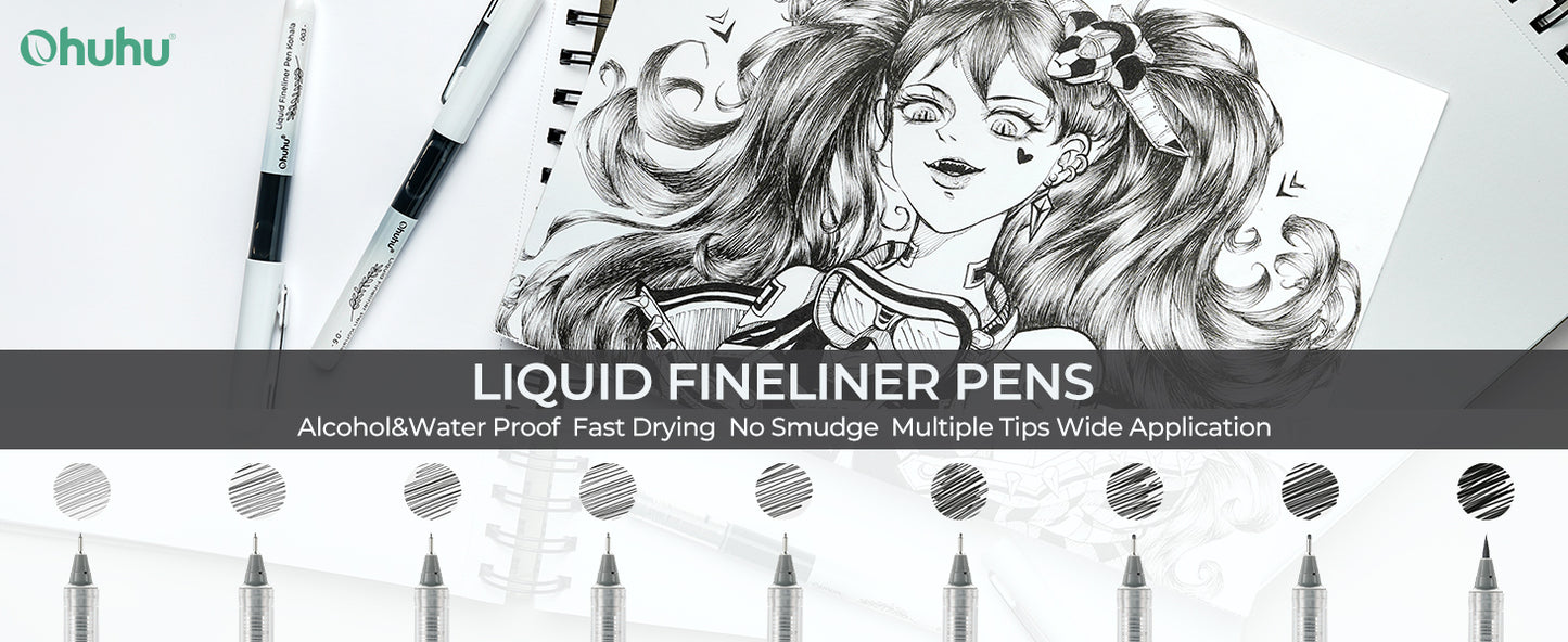 Ohuhu Set 9 Finelinere Lichide, Cerneala Premium Negra, Non Toxic, Uscare Rapida Y30-80600-53