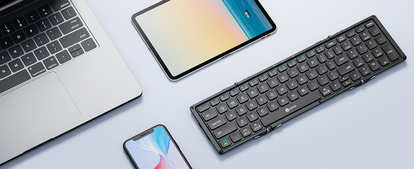 Tastatură Pliabilă iClever BK09, Bluetooth 5.1., Pliabilă, Tastatură Portabila cu Tastatura Numerică, Reîncărcabilă USB-C, Pentru Laptop, iPad, iPhone, Sincronizare Până La 3 Dispozitive