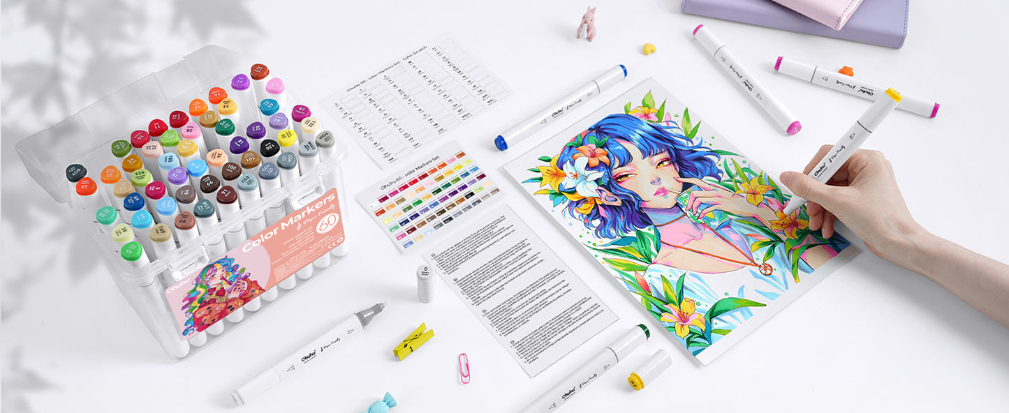 Ohuhu, Set 60 De Markere Paper-Friendly, Baza Apa, Varf Dublu Brush & Fine, Non-Toxic, Multicolor Y30-80600-65