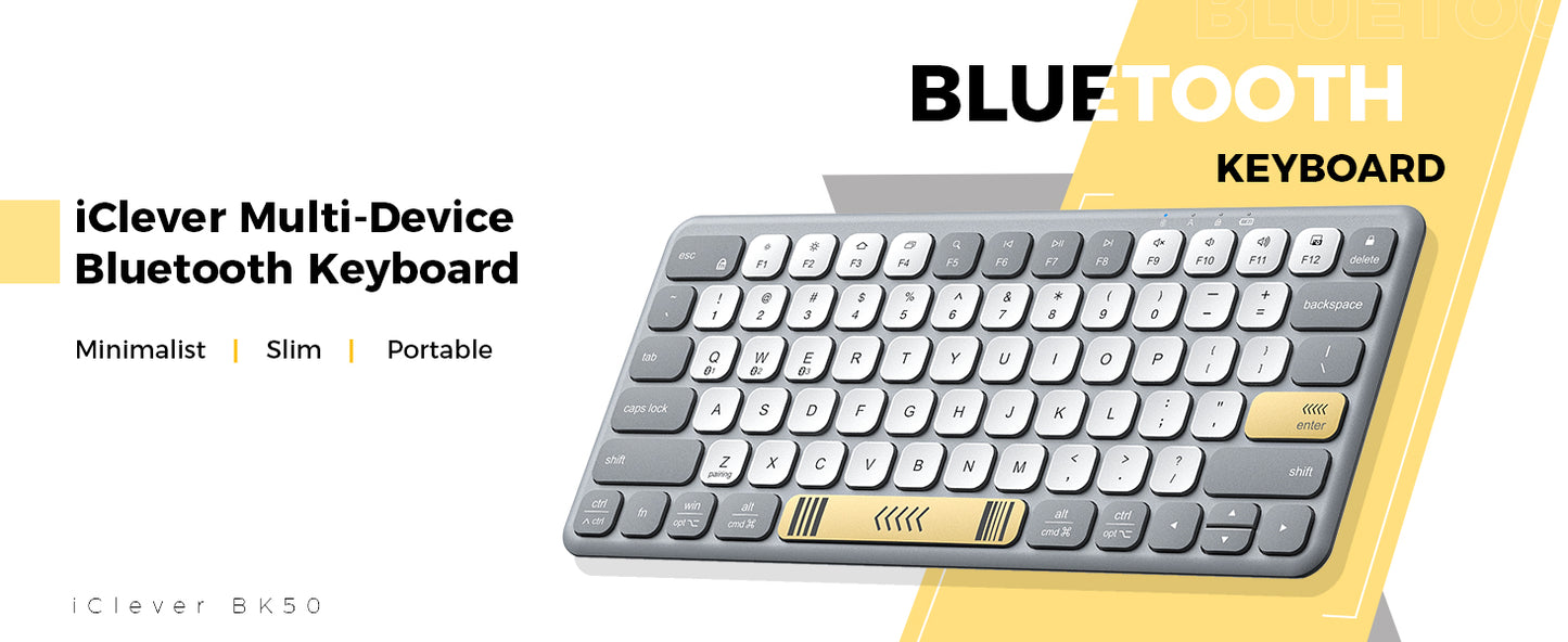 Tastatură iClever BK50, Bluetooth 5.1, USB-C, Compactă, Portabilă, Culori Vibrante, Tastare Silențioasă, Sincronizare Pana La 3 Dispozitive, Compatibilă Cu Tabletă, iPad, iPhone, Windows