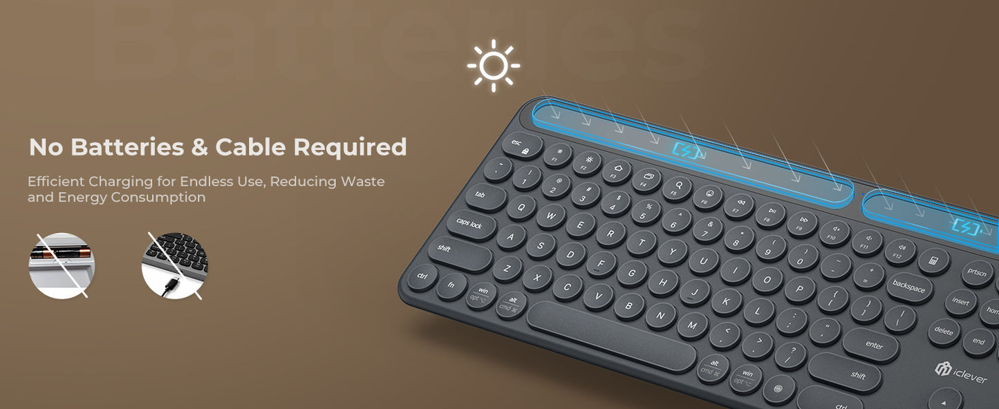 Tastatură iClever BK60 Solar, Bluetooth 5.0, Fără Fir, Incărcare Cu Lumină Solară Si Interioară, Dimensiune Completă, Ergonomica, Conectivitate Pana La 3 Dispozitive, Taste Rotunde Foarfece Silențioase