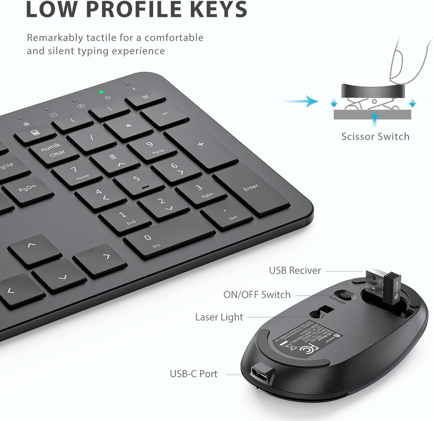 Tastatura Si Mouse Combo iClever GK08, 2.4G Wireless, Fara Fir, Reincarcabila, Design Ergonomic, Stabila, Silentioasa, DPI Reglabil 800-1200-1600, Culoare Negru