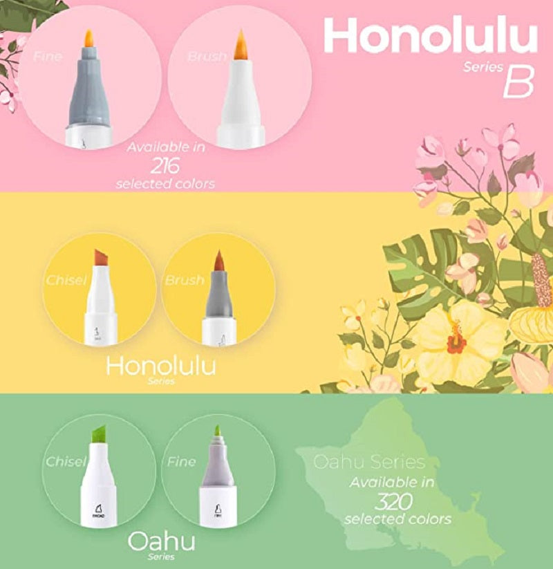 Ohuhu Honolulu B, Set 216 Markere, Baza Alcool, Dual Tips Brush&Fine, Multicolor Y30-80402-13
