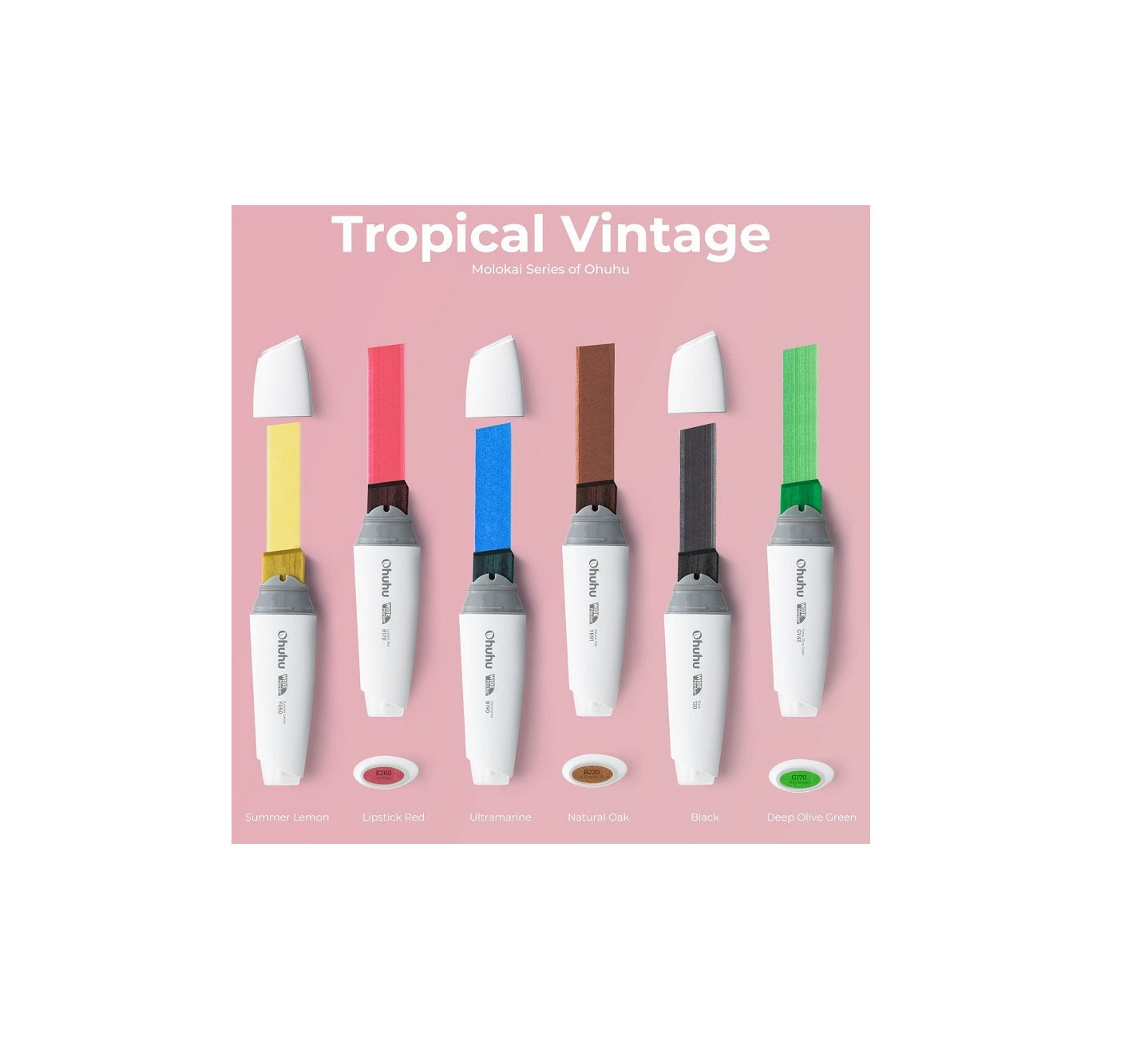 Ohuhu Molokai Set 6 Markere, Baza Alcool, Varf Extra Lat, Tropical Vintage Y30-80402-39