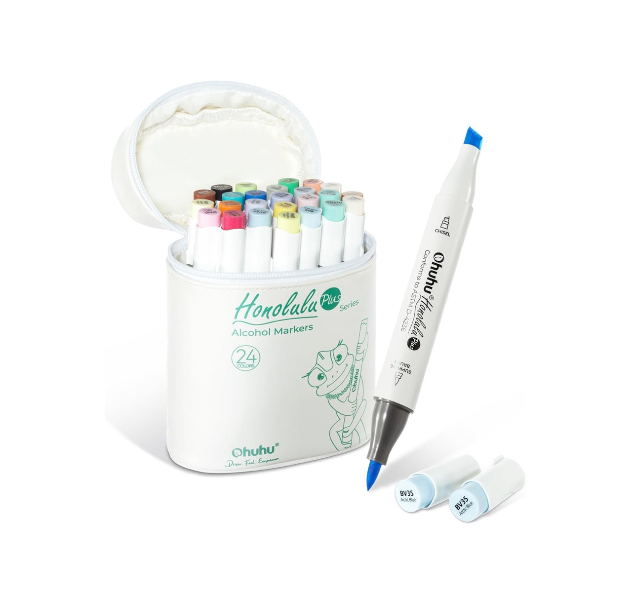 Ohuhu Honolulu Plus, Series Supreme, Set 24 Markere, Baza Alcool, Dual Tips Brush&Chisel, Cu Vârf Pensulă Din Cauciuc, Multicolor, Y30-80403-44
