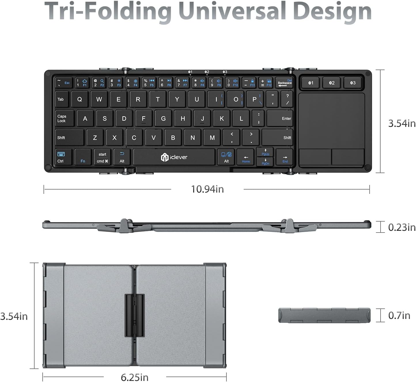 Tastatura Bluetooth 5.1 iClever IC-BK08, Pliabila, Touchpad, USB-C, Constructie Solida Din Aluminiu, Multi Dispozitive, Sisteme De Operare Multiple, 65 Taste, Portabila