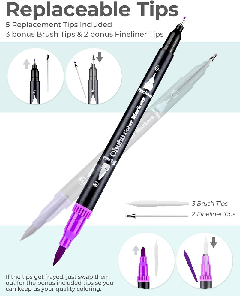 Ohuhu Maui Series Set 100 Markere, Baza Apa, Dual Tips Brush&Fineliner, Multicolor Y30-80600-39