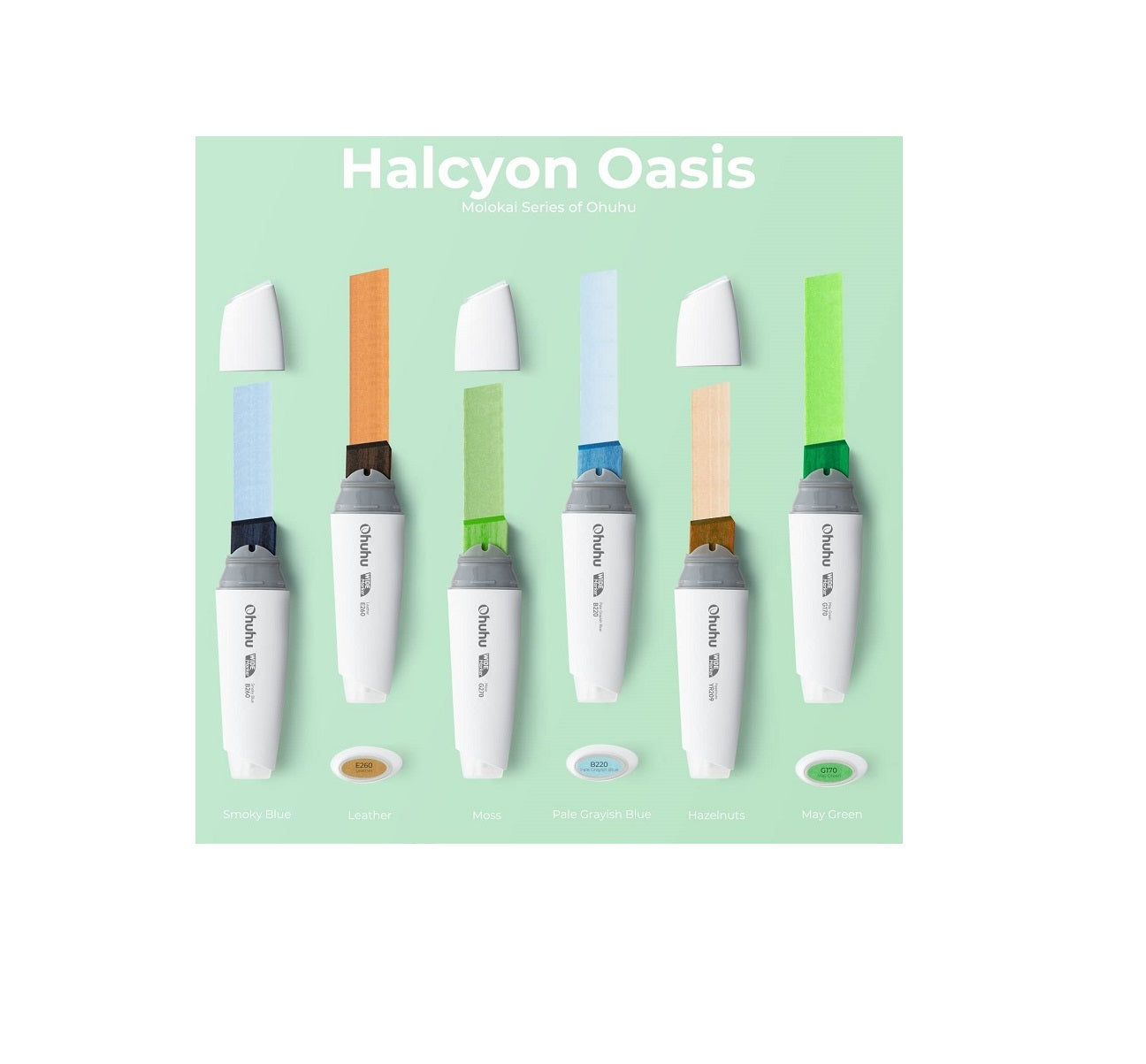 Ohuhu Molokai Set 6 Markere, Baza Alcool, Varf Extra Lat, Halcyon Oasis Tones Y30-80402-40