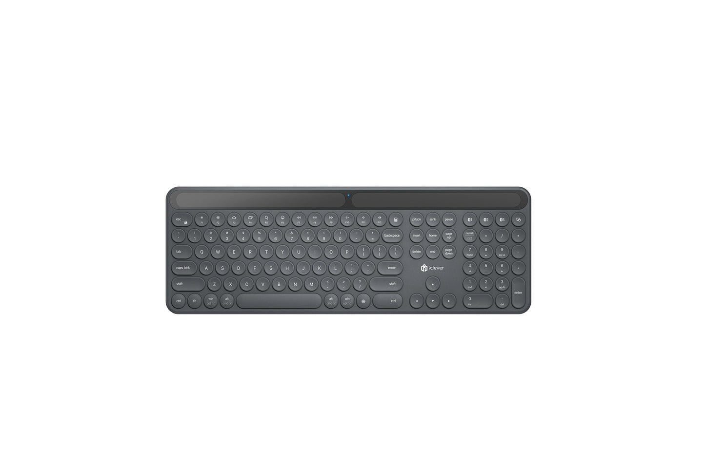 Tastatură iClever BK60 Solar, Bluetooth 5.0, Fără Fir, Incărcare Cu Lumină Solară Si Interioară, Dimensiune Completă, Ergonomica, Conectivitate Pana La 3 Dispozitive, Taste Rotunde Foarfece Silențioase