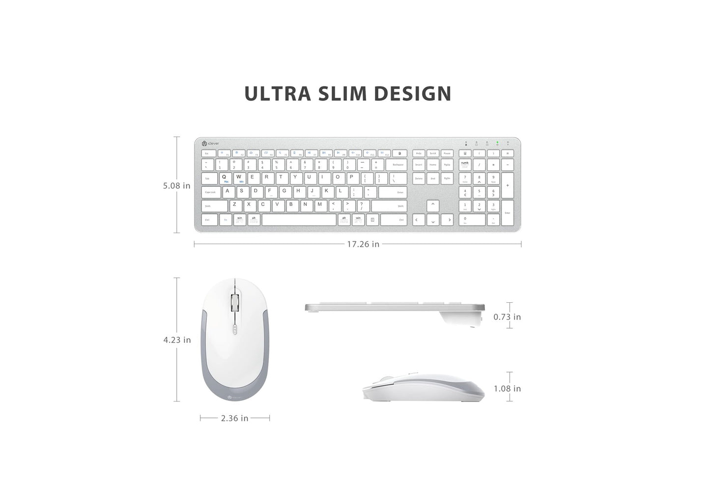 Tastatura Si Mouse Combo iClever GK08, 2.4G Wireless, Fara Fir, Reincarcabila, Design Ergonomic, Stabila, Silentioasa, DPI Reglabil 800-1200-1600, Culoare Argintiu