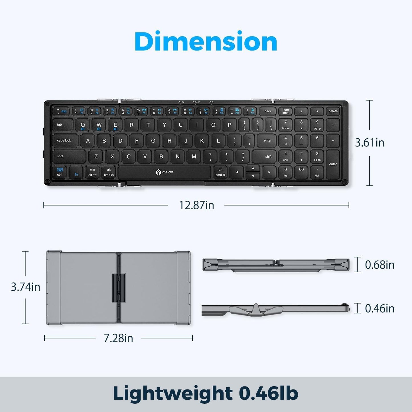 Tastatură Pliabilă iClever BK09, Bluetooth 5.1., Pliabilă, Tastatură Portabila cu Tastatura Numerică, Reîncărcabilă USB-C, Pentru Laptop, iPad, iPhone, Sincronizare Până La 3 Dispozitive