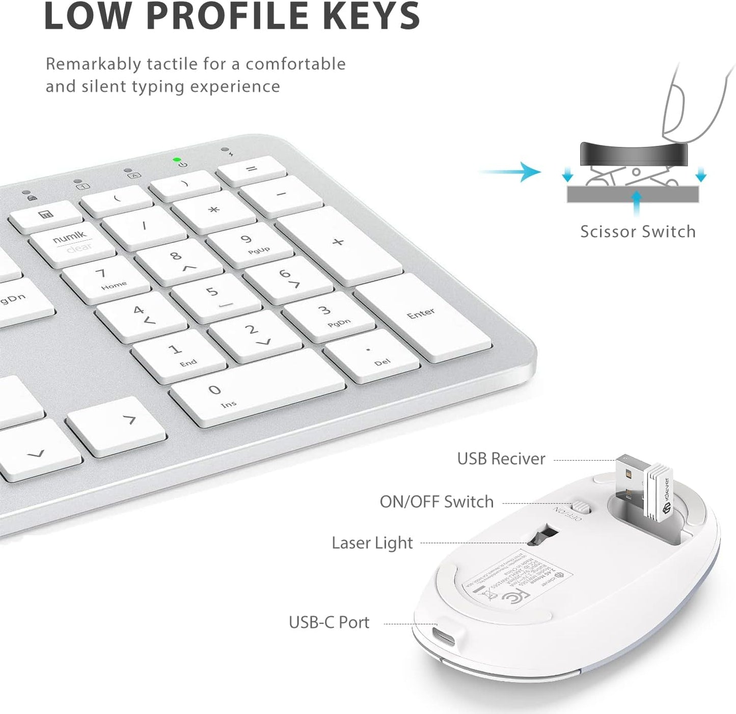 Tastatura Si Mouse Combo iClever GK08, 2.4G Wireless, Fara Fir, Reincarcabila, Design Ergonomic, Stabila, Silentioasa, DPI Reglabil 800-1200-1600, Culoare Argintiu