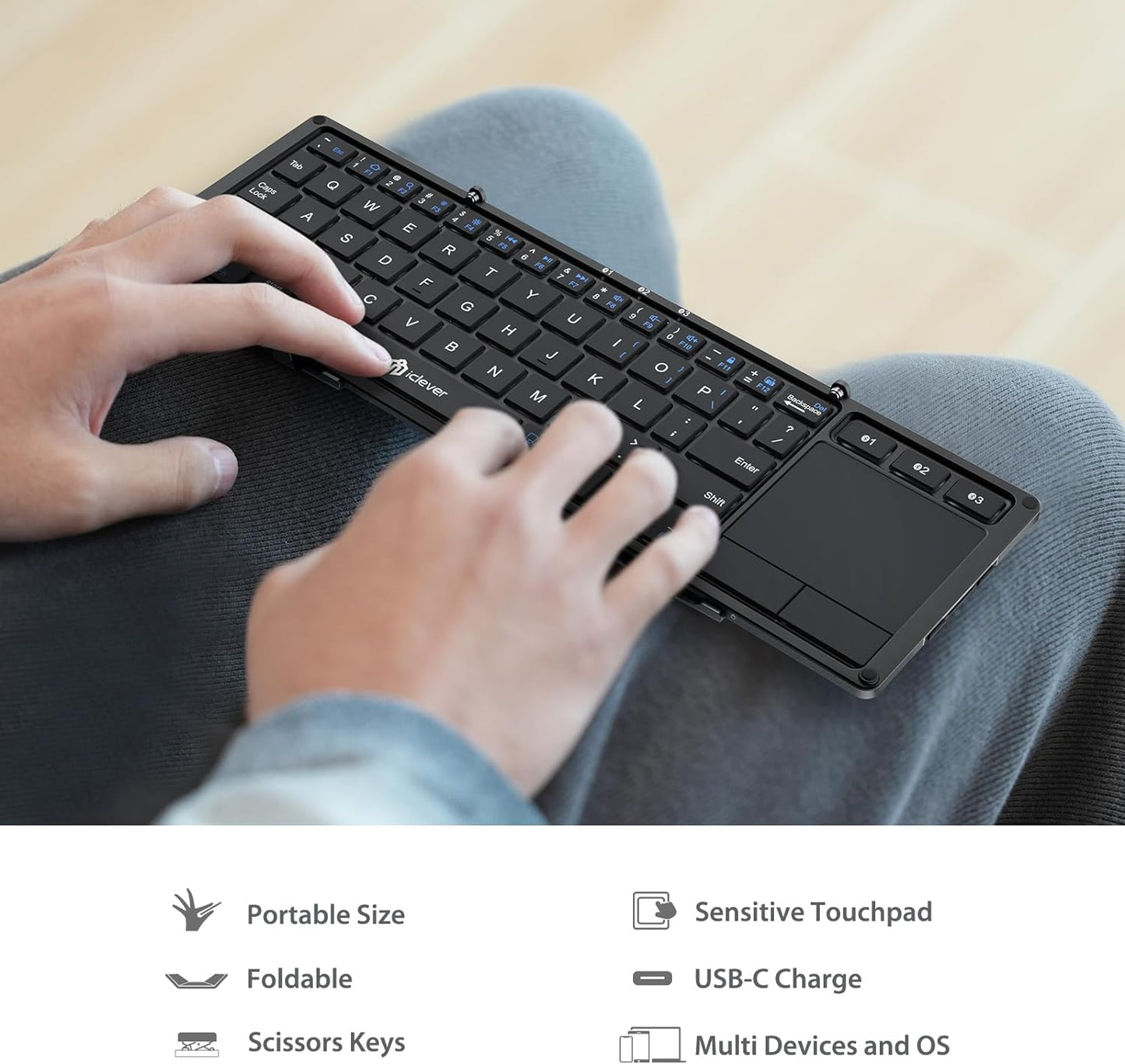 Tastatura Bluetooth 5.1 iClever IC-BK08, Pliabila, Touchpad, USB-C, Constructie Solida Din Aluminiu, Multi Dispozitive, Sisteme De Operare Multiple, 65 Taste, Portabila