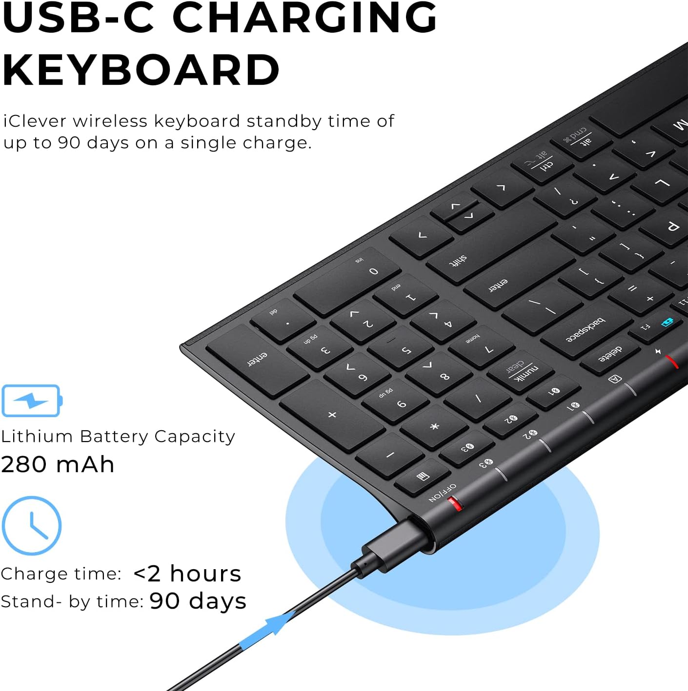 Tastatura Bluetooth 5.1 iClever IC-BK10, Fara Fir, Ultra Subtire, Reincarcabila, Multi Dispozitive, 99 Taste, USB-C, Design Ergonomic, Culoare Negru