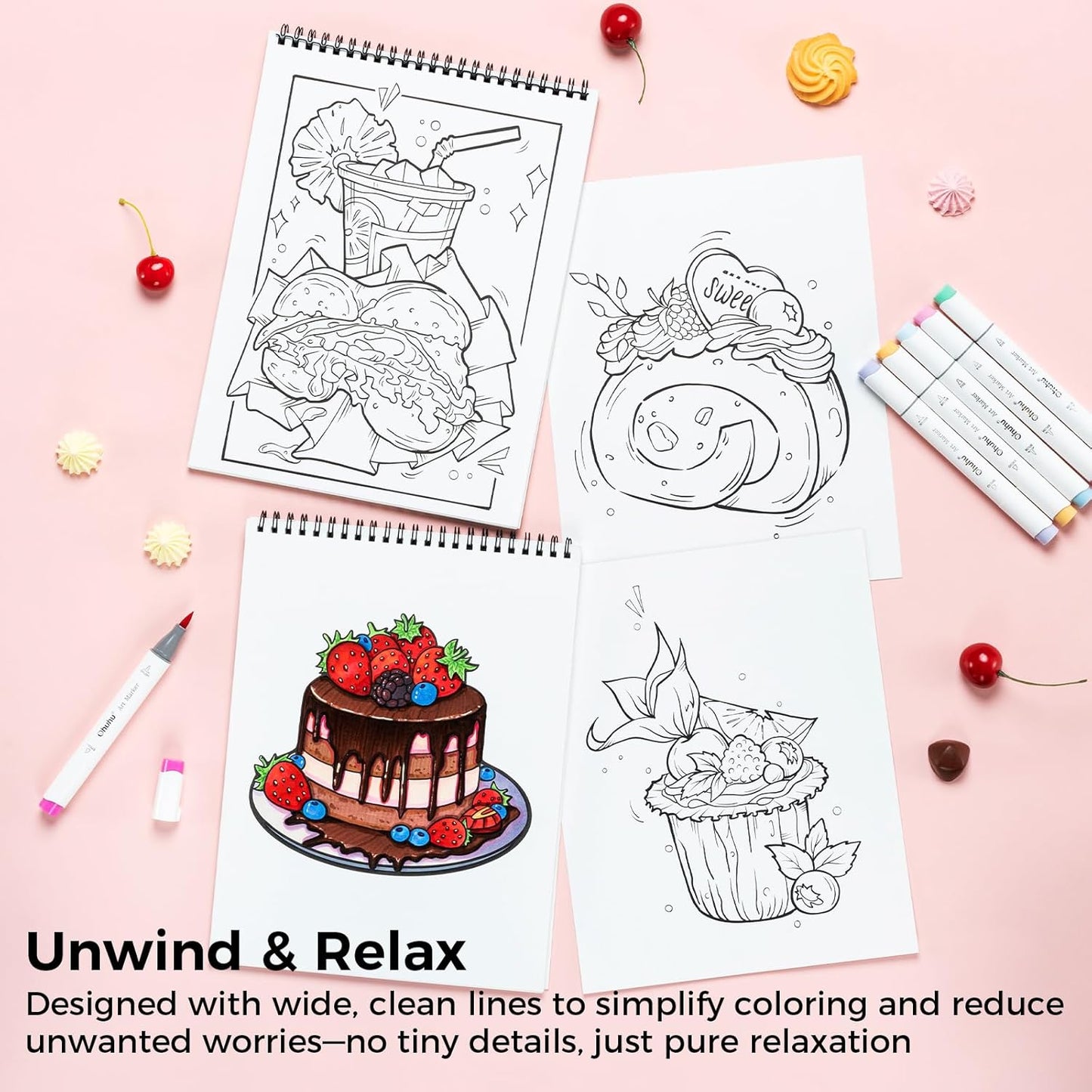 Ohuhu Carte De Colorat „Enjoy The Sweet Moment” – 40 Modele Față-Verso, Hârtie Groasă, Spirală Sus, 20x25 cm, Y44-83000-64