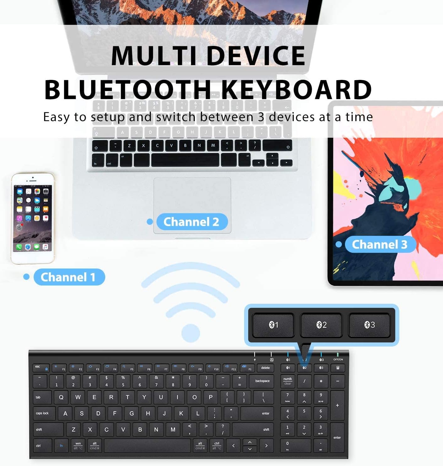 Tastatura Bluetooth 5.1 iClever IC-BK10, Fara Fir, Ultra Subtire, Reincarcabila, Multi Dispozitive, 99 Taste, USB-C, Design Ergonomic, Culoare Negru