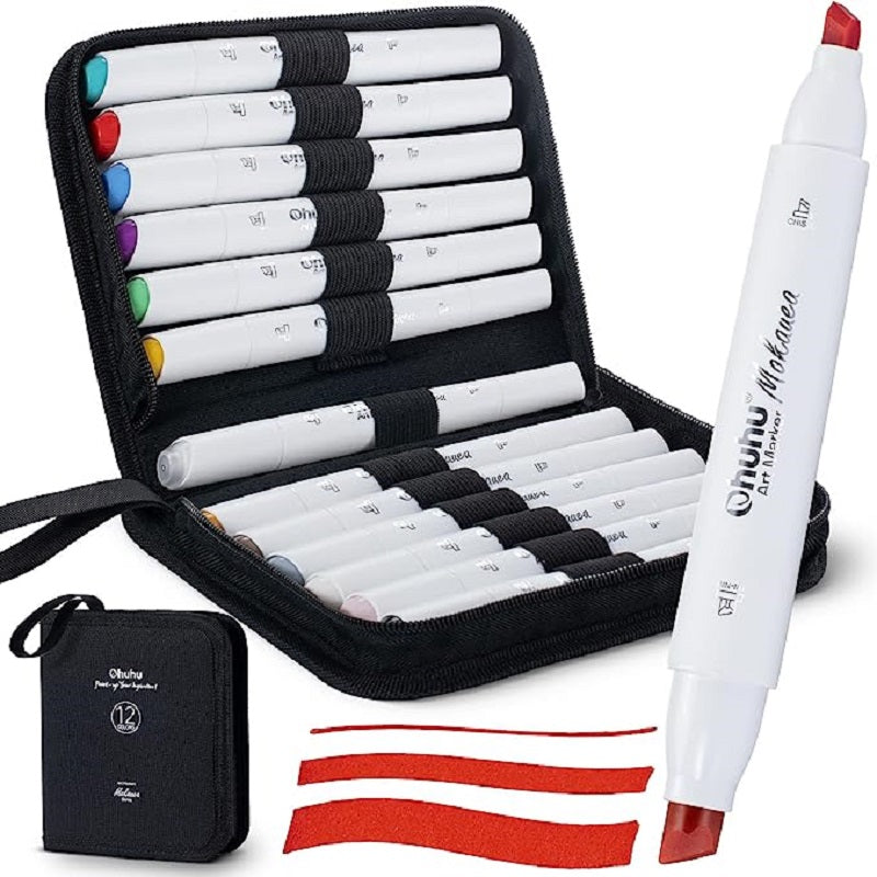 Ohuhu Mokauea Set 12 Markere, Baza Alcool, Dual Tips Tri-Nib&Chisel, Multicolor Y30-80402-63