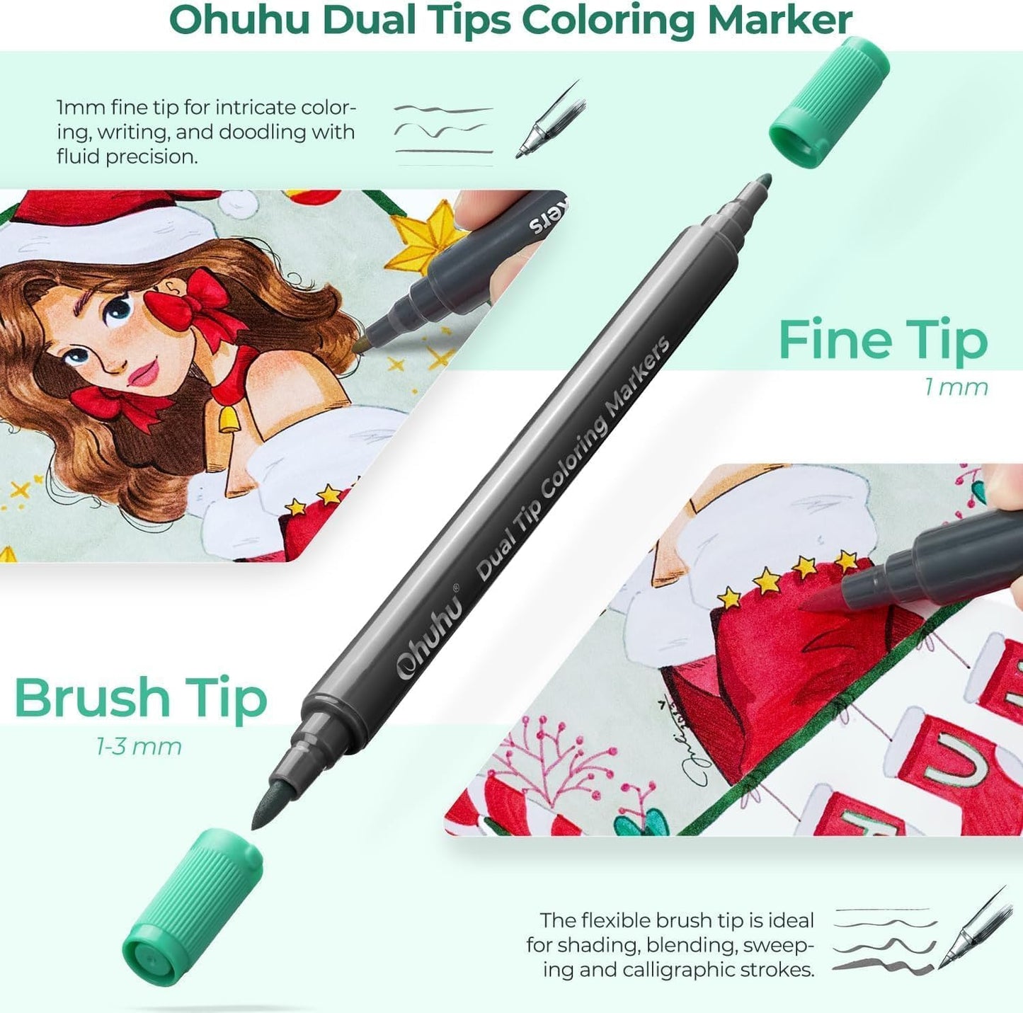 Ohuhu Set 48 Markere, Baza Apa, Dual Tips Brush&Fine Si Carte De Colorat Cu 36 De Coli 100% Rezistente La Sangerare Y30-80601-07