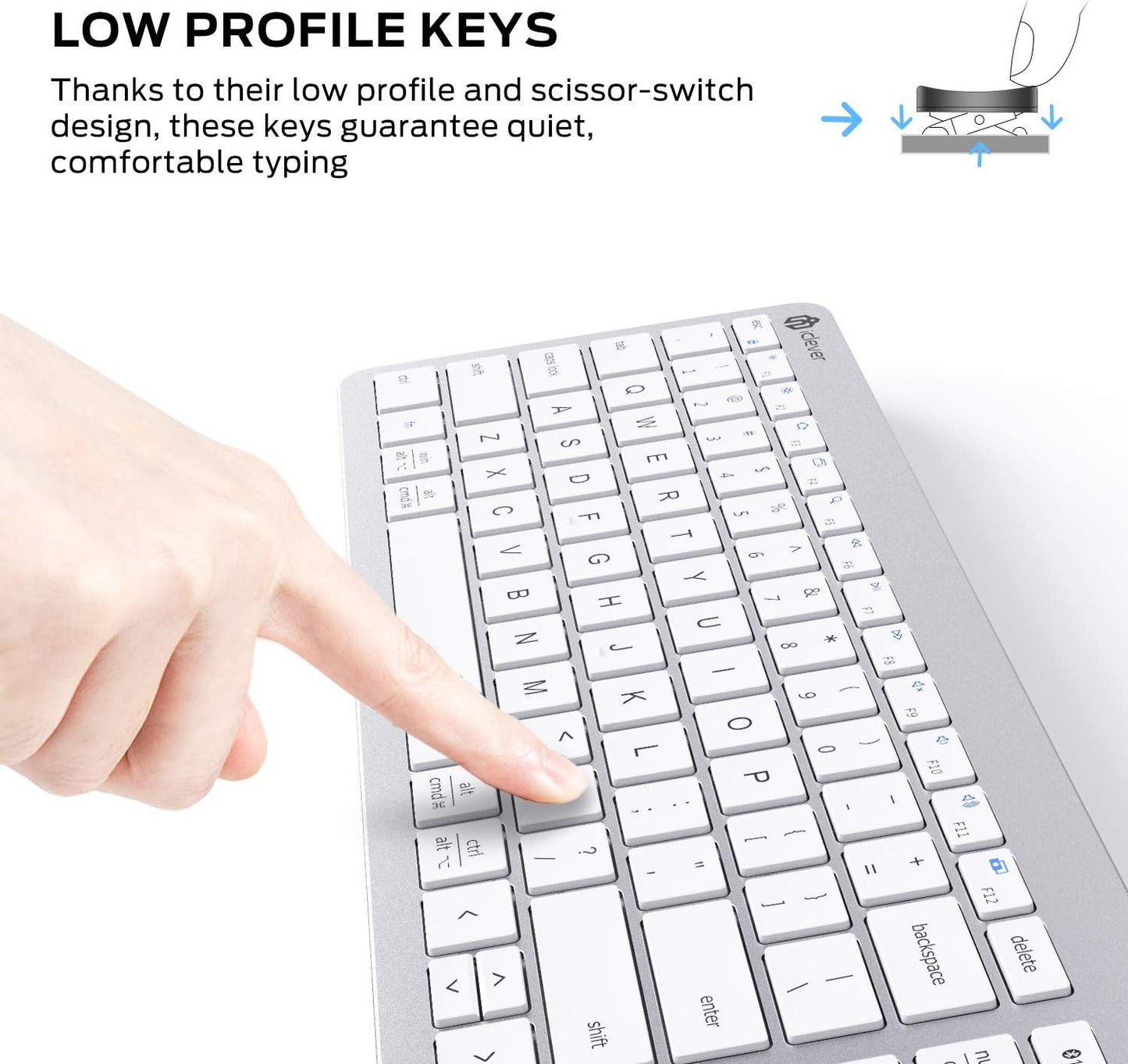 Tastatura iClever BKA26S, Bluetooth 5.1, Reincarcabila, Multi Dispozitive, Design Ergonomic, Conexiune Stabila, Incarcare Rapida, Argintiu