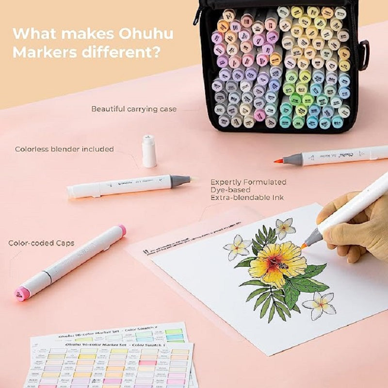 Ohuhu Honolulu Set 96 Markere, Baza Alcool, Dual Tips Brush&Chisel, Culori Pastel Y30-80402-47