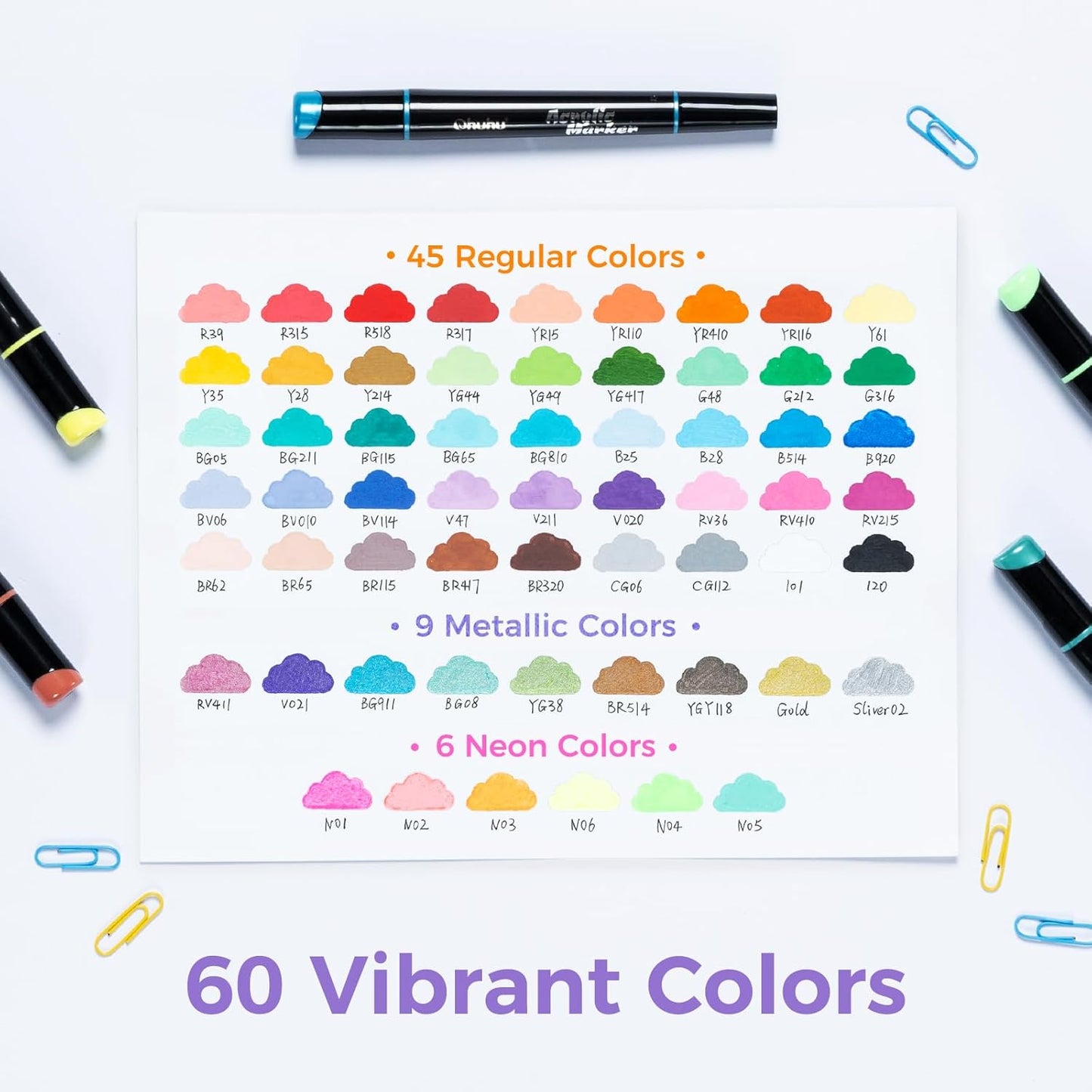 Ohuhu Set 60 Markere Acrilice, 24 De Culori Metalice, Varfuri Duble, Rotunde Si Fine, Vopsea Cu Opacitate Ridicată Pentru Pictat Pietre, Hartie, Ouă, Lemn, Sticlă, Ceramică Y30-80601-59
