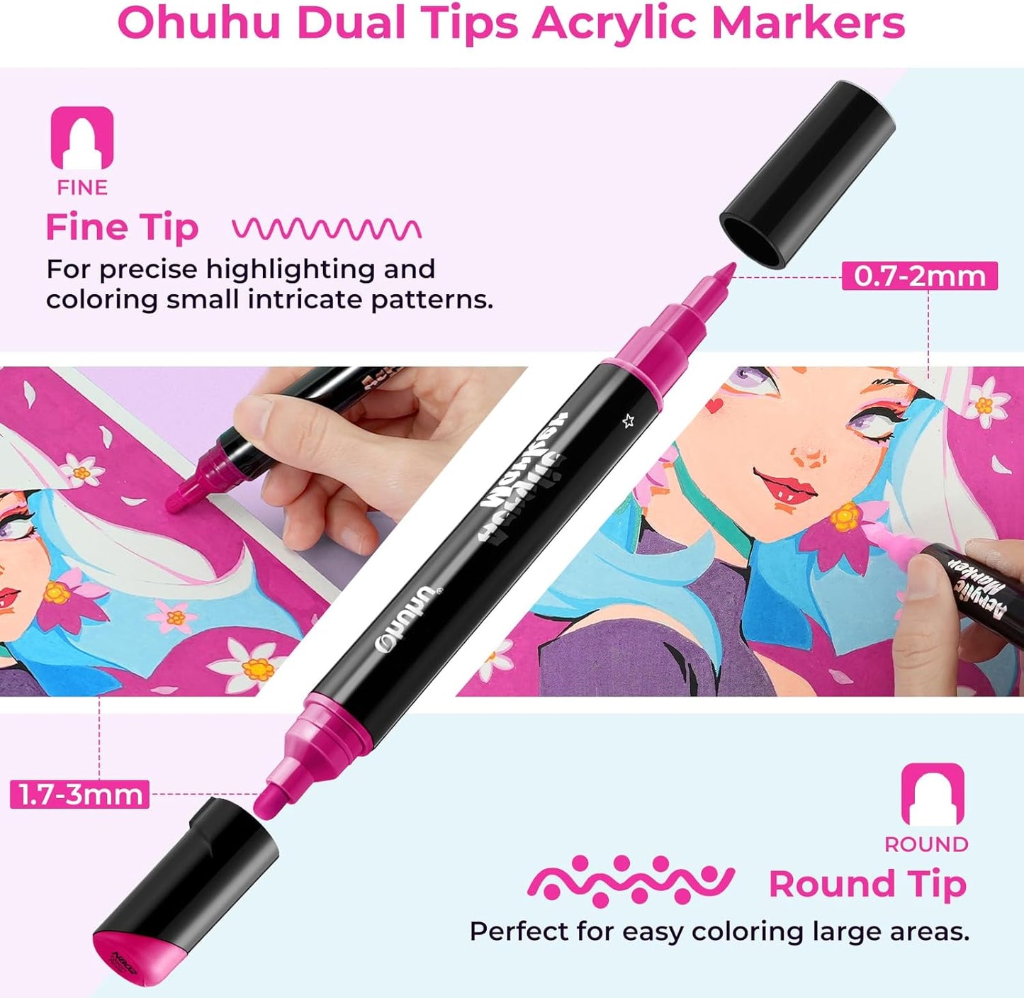 Ohuhu Set 60 Markere Acrilice, 24 De Culori Metalice, Varfuri Duble, Rotunde Si Fine, Vopsea Cu Opacitate Ridicată Pentru Pictat Pietre, Hartie, Ouă, Lemn, Sticlă, Ceramică Y30-80601-59