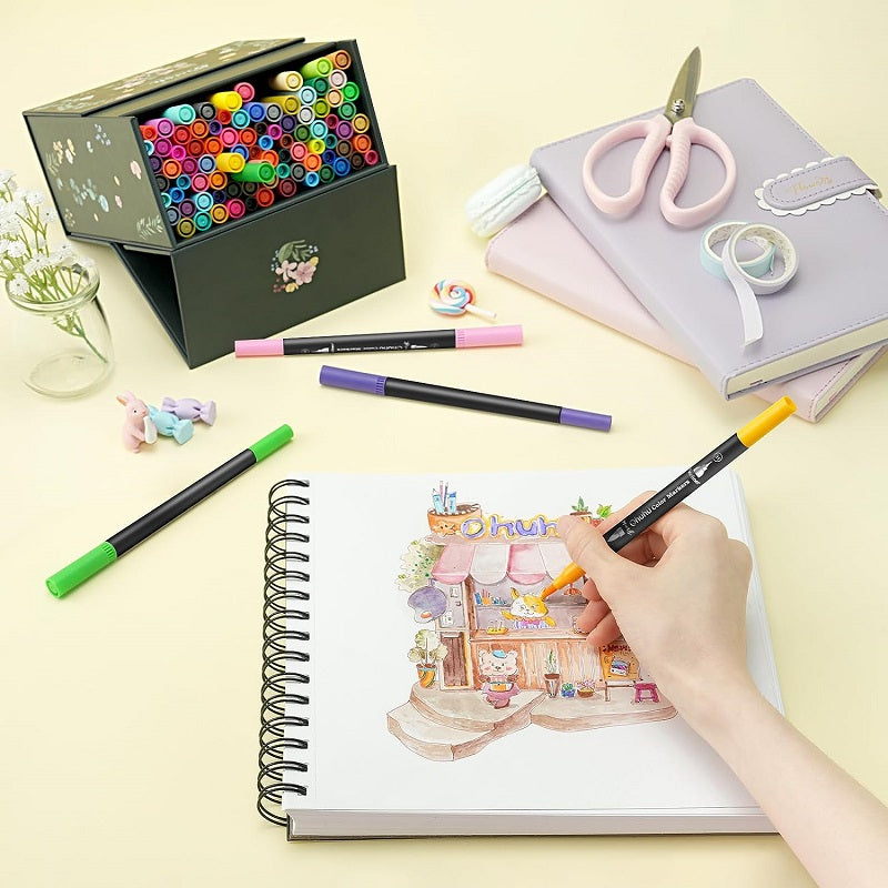 Ohuhu Maui Series Set 100 Markere, Baza Apa, Dual Tips Brush&Fineliner, Multicolor Y30-80600-39