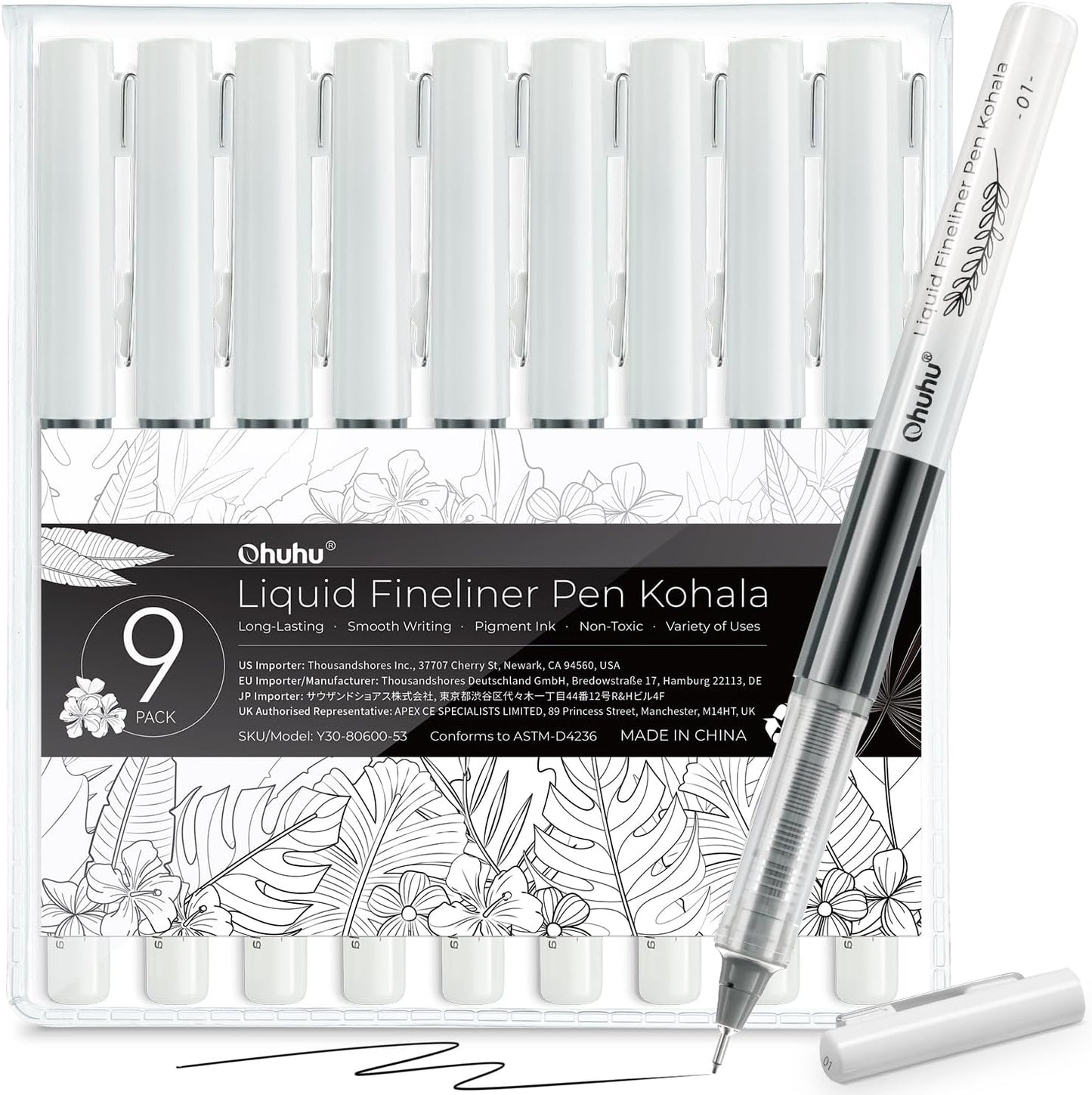 Ohuhu Set 9 Finelinere Lichide, Cerneala Premium Negra, Non Toxic, Uscare Rapida Y30-80600-53