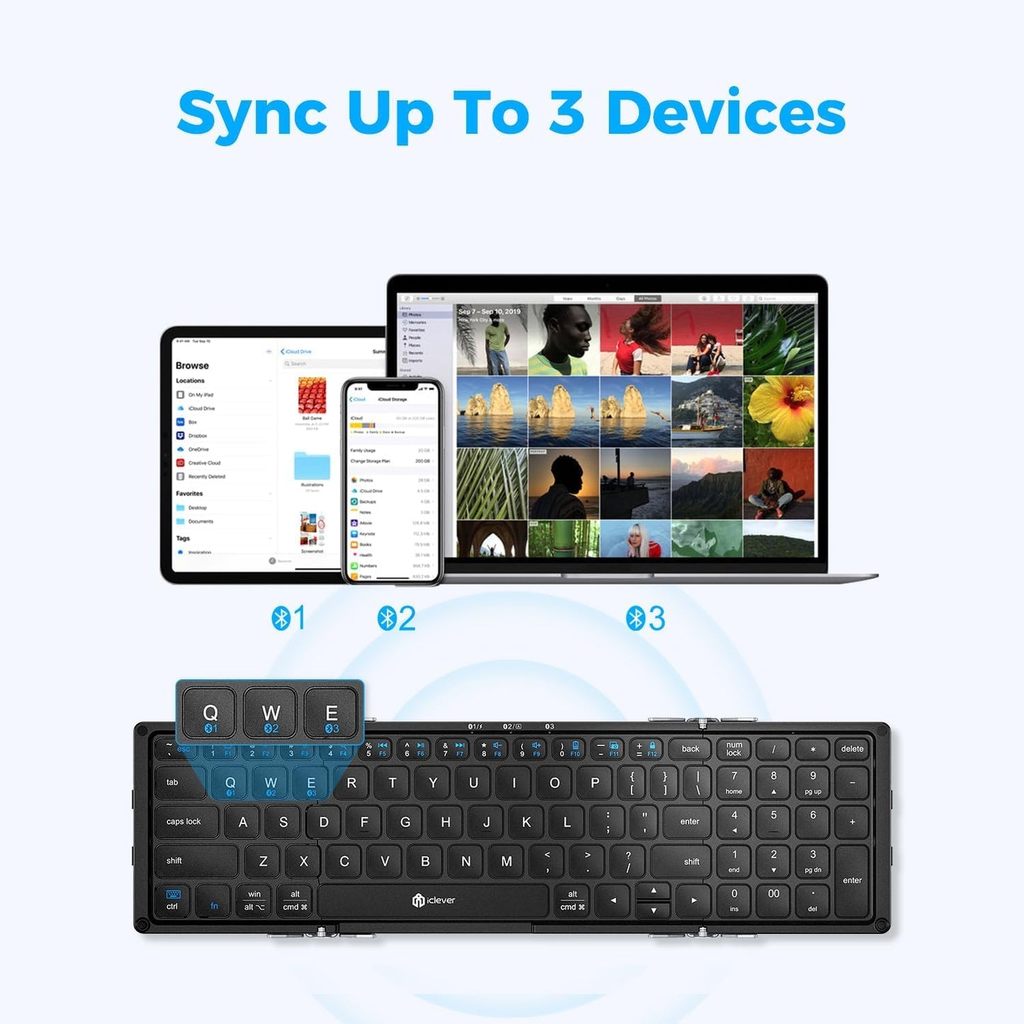 Tastatură Pliabilă iClever BK09, Bluetooth 5.1., Pliabilă, Tastatură Portabila cu Tastatura Numerică, Reîncărcabilă USB-C, Pentru Laptop, iPad, iPhone, Sincronizare Până La 3 Dispozitive