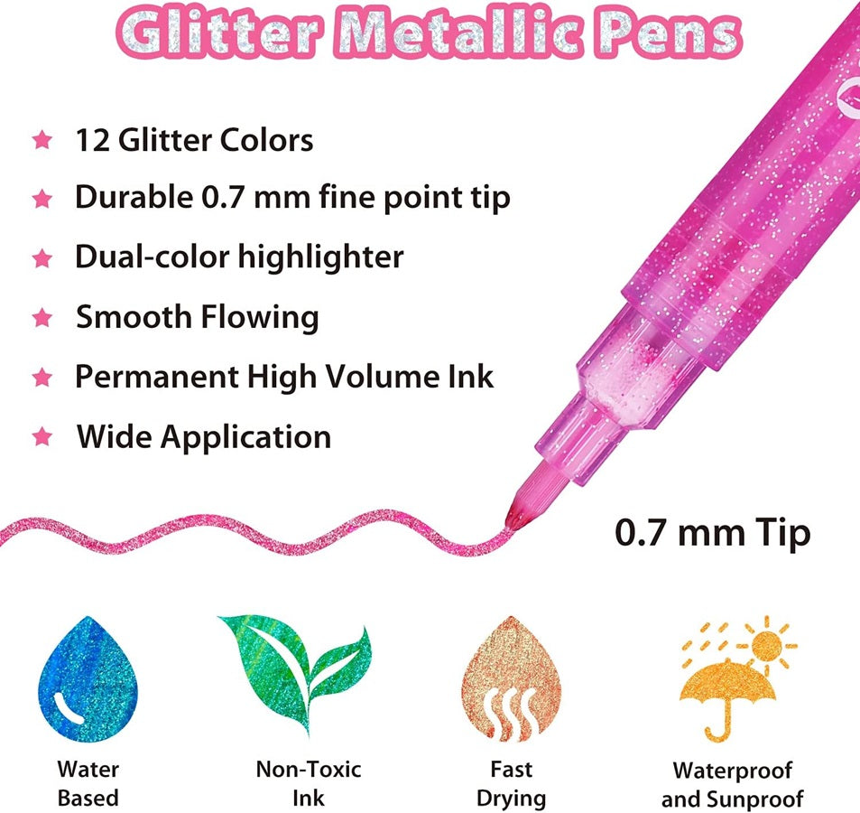 Ohuhu Set 12 Markere Glitter Metallic, Baza Apa, Multicolor Y30-80600-32