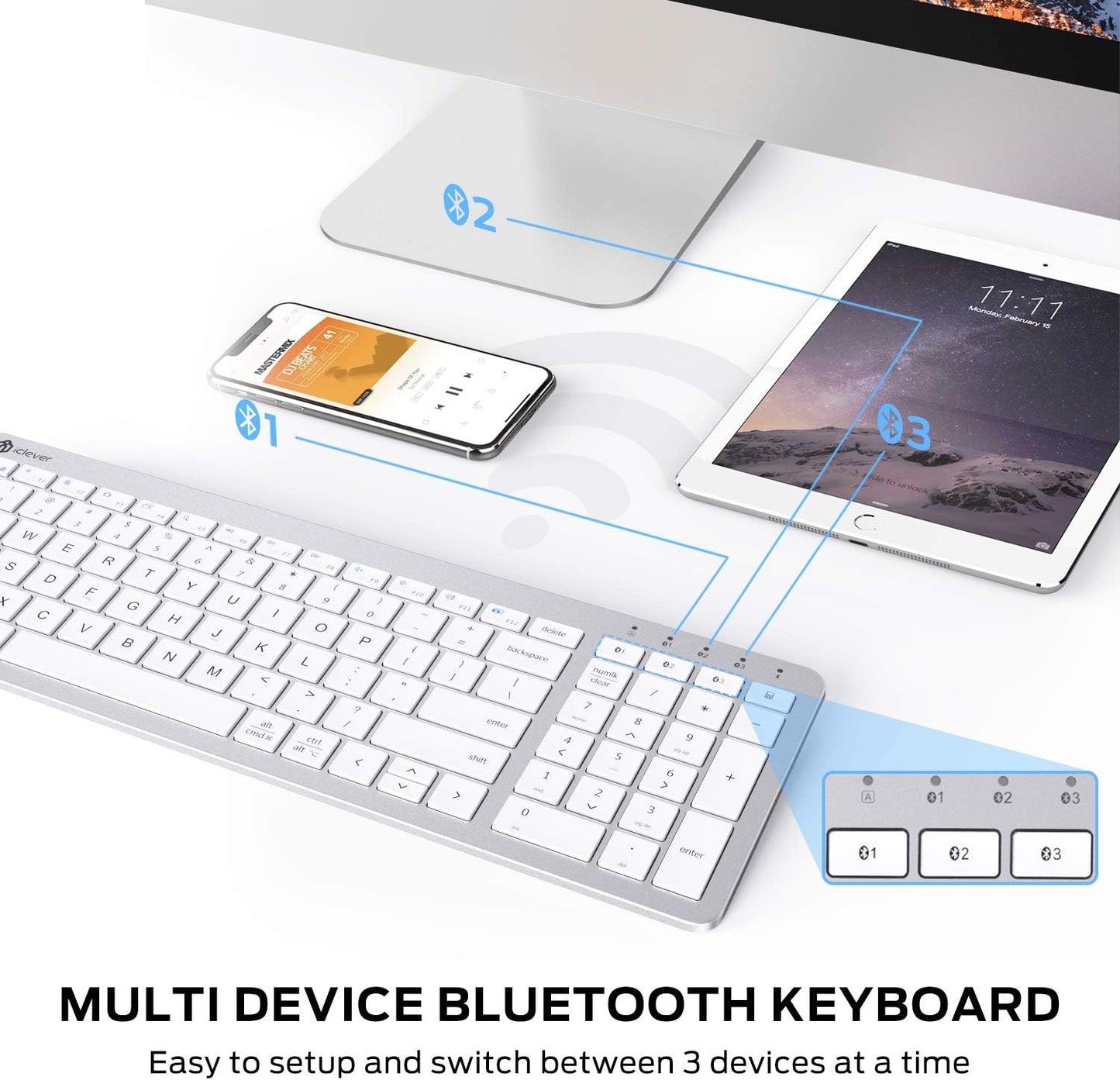 Tastatura iClever BKA26S, Bluetooth 5.1, Reincarcabila, Multi Dispozitive, Design Ergonomic, Conexiune Stabila, Incarcare Rapida, Argintiu