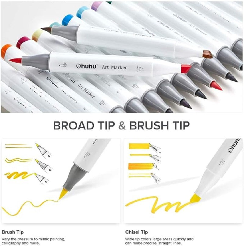 Ohuhu Honolulu Set 120 Markere, Baza Alcool, Dual Tips Brush&Chisel, Multicolor Y30-80401-96