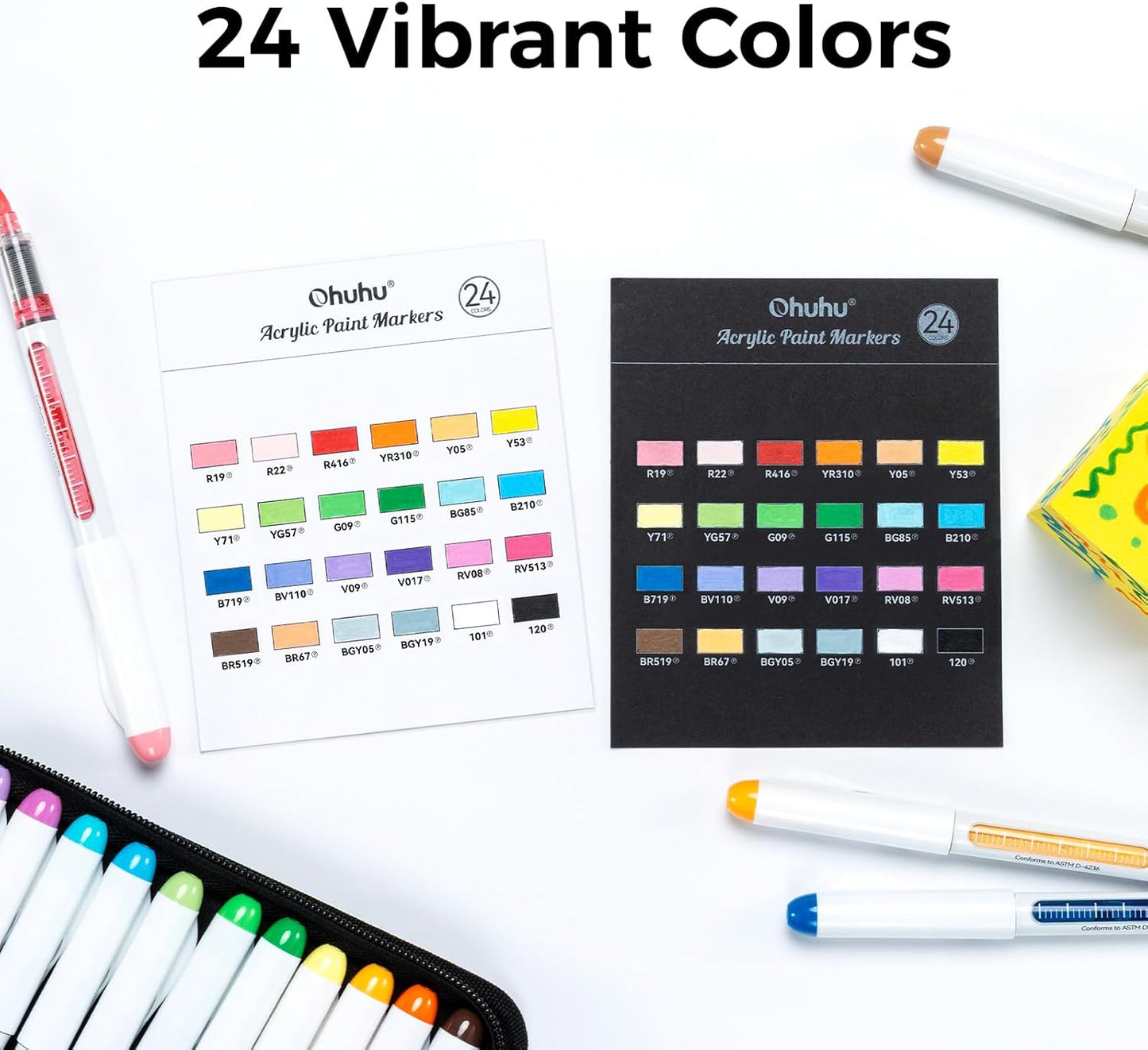 Ohuhu Set 24 Markere Acrilice Nahuku, Direct-ink, Baza Apa, Varf Flexibil, Pentru Sticla, Ceramica, Pietre, Lemn, Plastic, Hartie, Panza, Multicolor Y30-80601-66