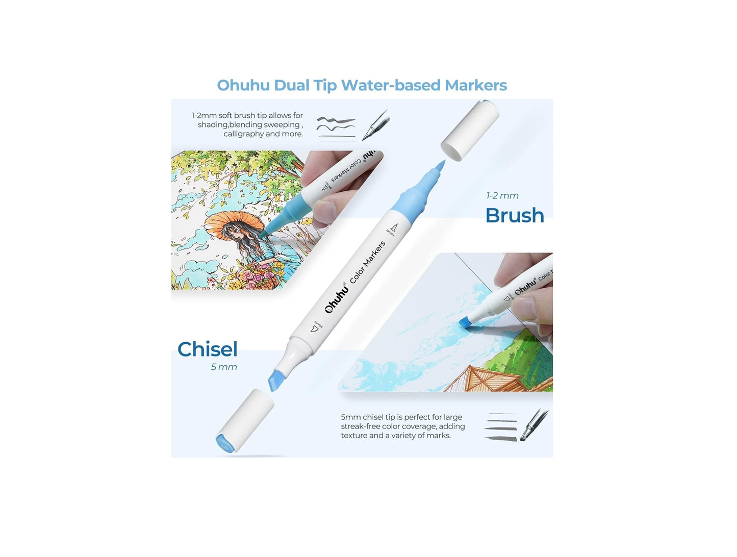 Ohuhu Set 64 De Markere Pentru Cărți De Colorat, Varf Dublu Chisel & Brush, Baza Apa, Non Toxic, Multicolor Y30-80600-56