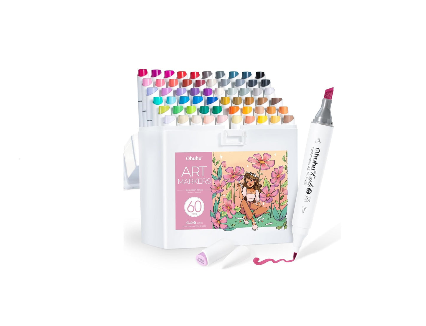 Ohuhu Kaala Series B Set 60 Markere, Baza Alcool, Dual Tips Slim Broad & Mini Brush, Illustration Tones Y30-80403-75