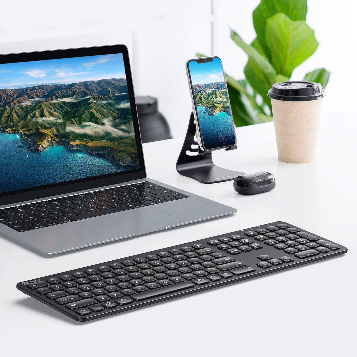 Tastatura iClever GKA38B, Fara Fir 2.4G, Reincarcabila, Ergonomica, Wireless, 99 Taste, Baterie Lithium Ion, Ultra Subtire, Negru