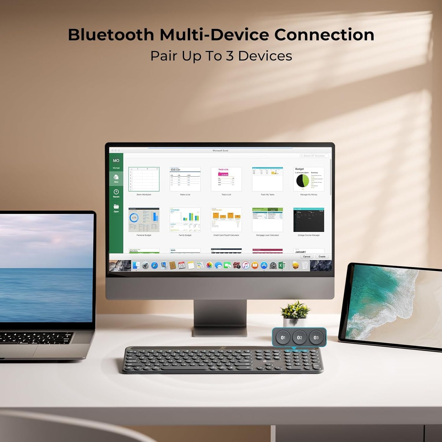 Tastatură iClever BK60 Solar, Bluetooth 5.0, Fără Fir, Incărcare Cu Lumină Solară Si Interioară, Dimensiune Completă, Ergonomica, Conectivitate Pana La 3 Dispozitive, Taste Rotunde Foarfece Silențioase