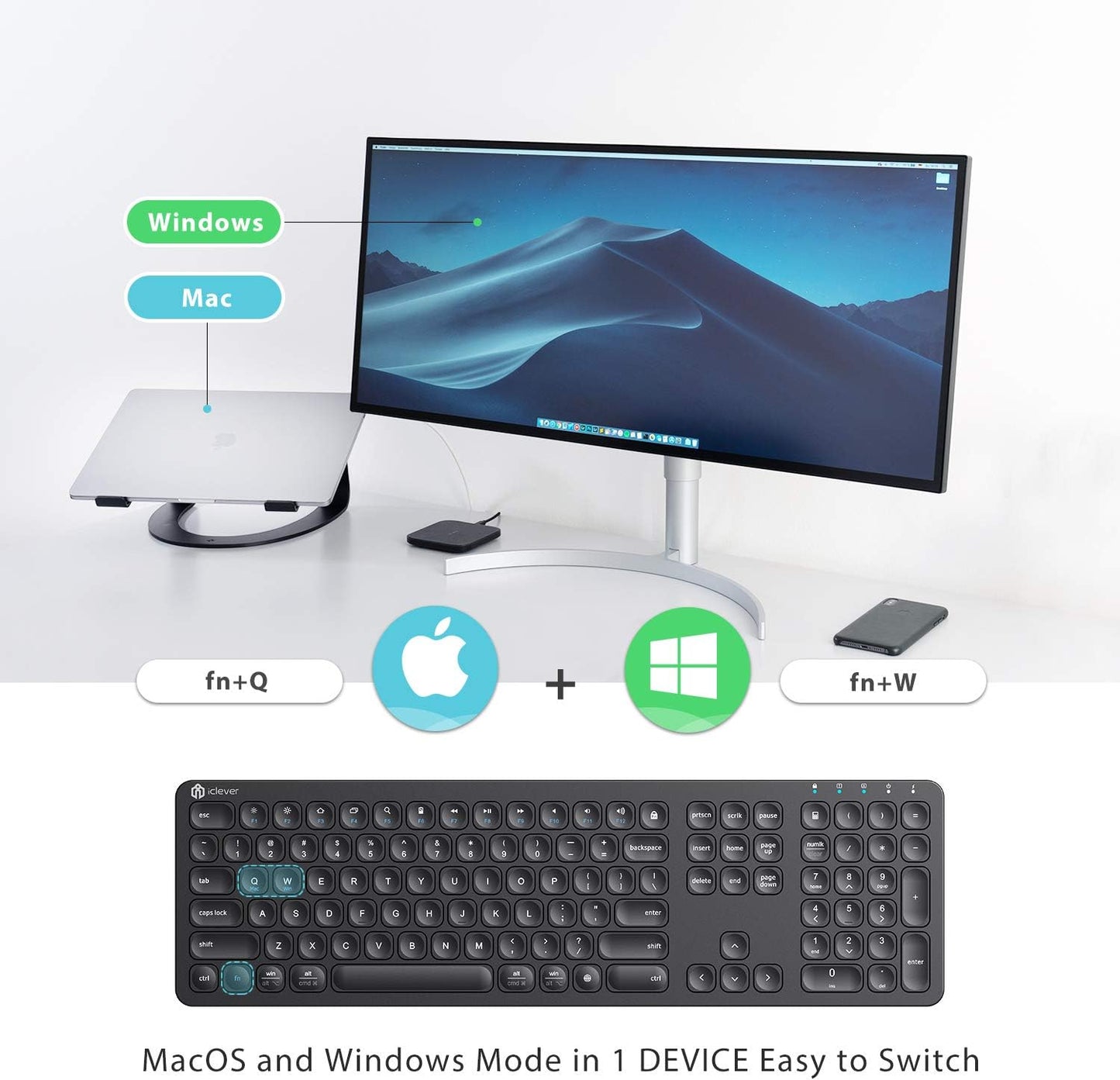 Tastatura iClever GKA38B, Fara Fir 2.4G, Reincarcabila, Ergonomica, Wireless, 99 Taste, Baterie Lithium Ion, Ultra Subtire, Negru