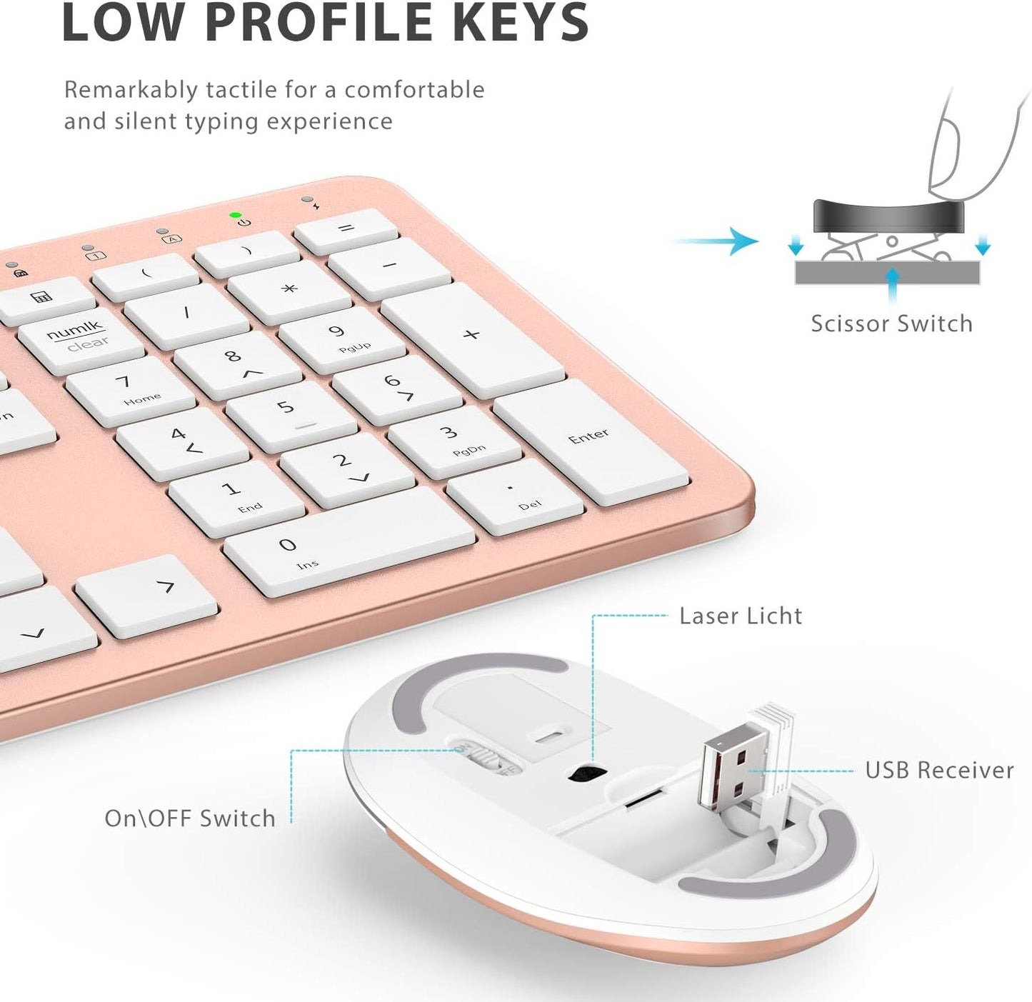 Tastatura Si Mouse Combo iClever GK08, 2.4G Wireless, Fara Fir, Reincarcabila, Design Ergonomic, Stabila, Silentioasa, DPI Reglabil 800-1200-1600, Culoare Roz