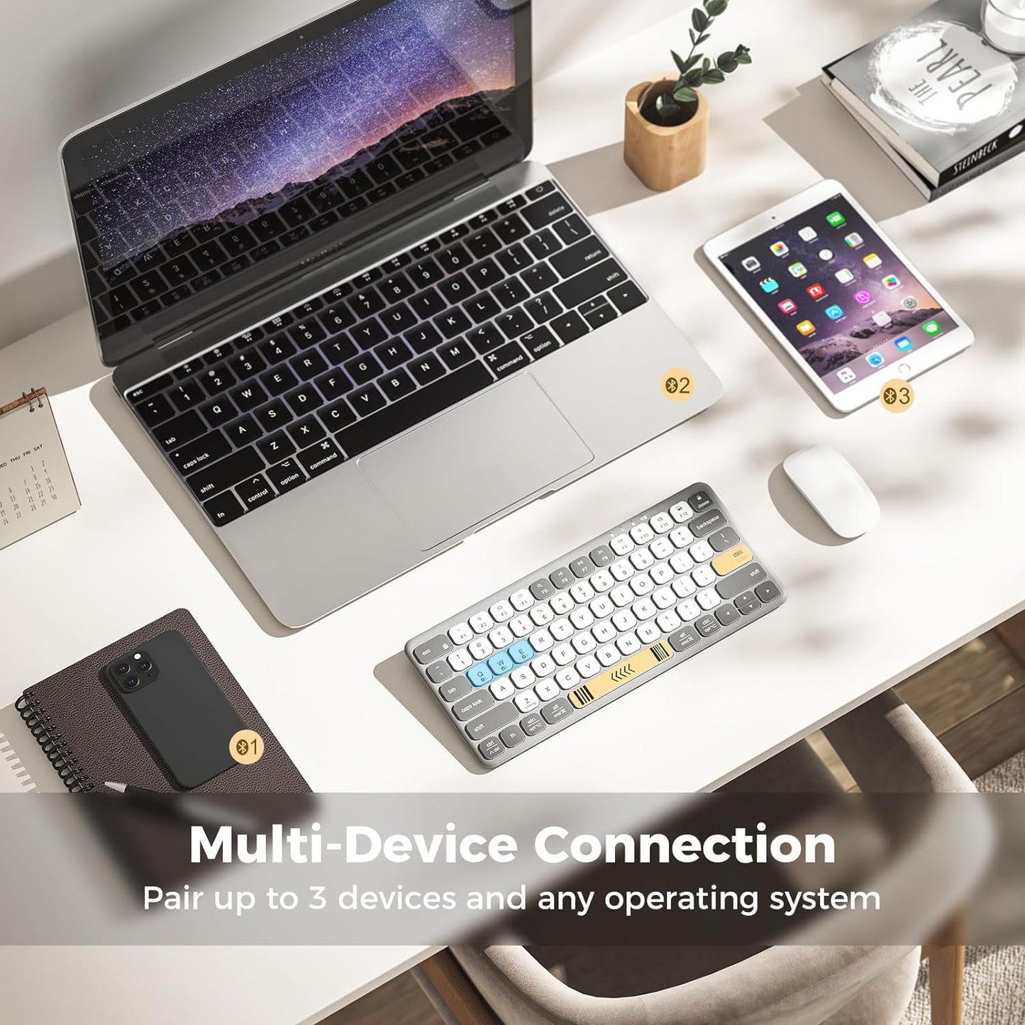 Tastatură iClever BK50, Bluetooth 5.1, USB-C, Compactă, Portabilă, Culori Vibrante, Tastare Silențioasă, Sincronizare Pana La 3 Dispozitive, Compatibilă Cu Tabletă, iPad, iPhone, Windows