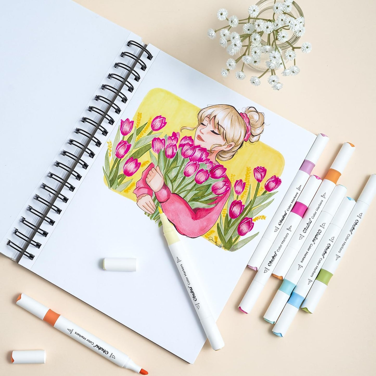 Ohuhu Set 64 De Markere Pentru Cărți De Colorat, Varf Dublu Chisel & Brush, Baza Apa, Non Toxic, Multicolor Y30-80600-56