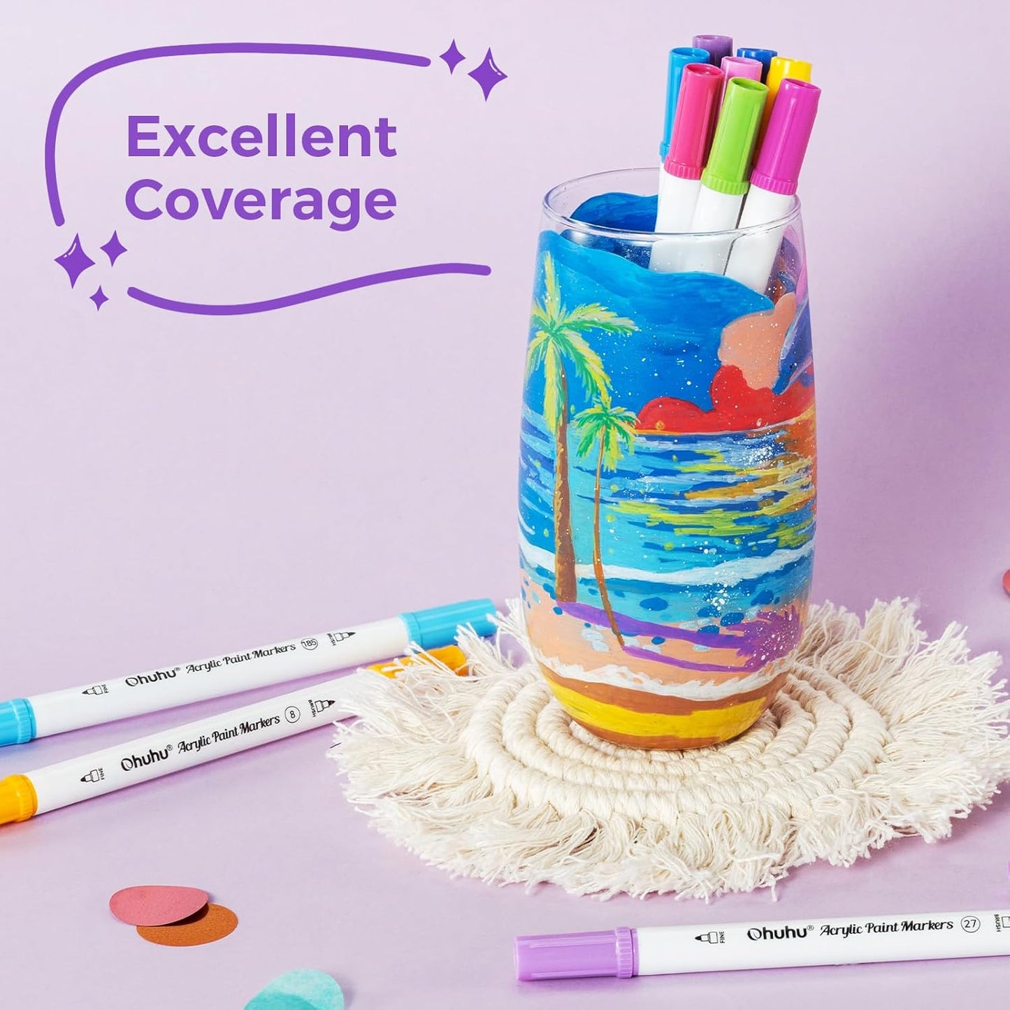 Ohuhu Set 36 Markere Acrilice, Varf Dublu, Brush si Dots, Rezervor Din Bumbac, Vopsea Cu Opacitate Ridicată Pentru Pictat Pietre, Hartie, Ouă, Lemn, Sticlă, Ceramică Y30-80601-75