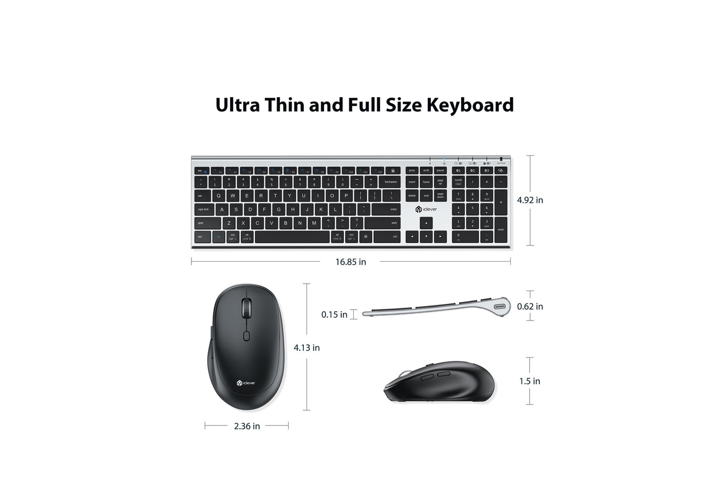Tastatură Si Mouse iClever BK23, Bluetooth 5.1, Fără Fir, Reîncărcabilă USB-C, Cu Tastatură Numerică, Ultra-Subțire, Asociere Pana La Trei Dispozitive, Clic Silentios, Multi-OS