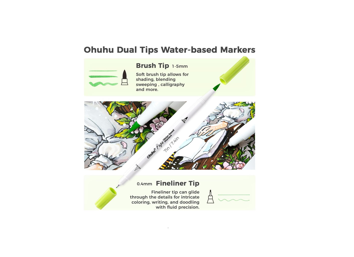 Ohuhu Set 60 Markere Ohuhu Paper Friendly, Bază Apă, Fără Peeling, Varf Dublu Brush & Fineliner, Non Toxic, Y30-80601-39