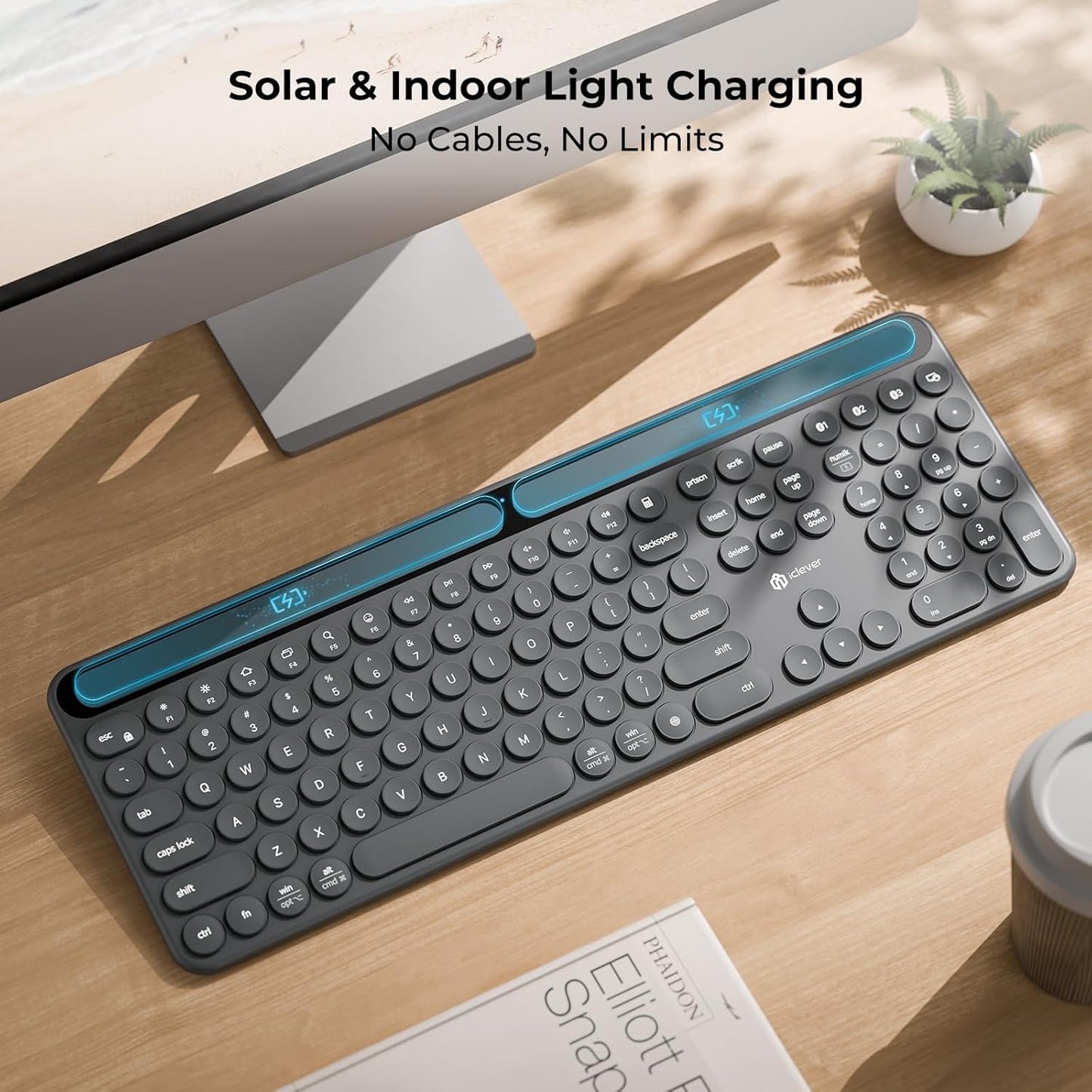 Tastatură iClever BK60 Solar, Bluetooth 5.0, Fără Fir, Incărcare Cu Lumină Solară Si Interioară, Dimensiune Completă, Ergonomica, Conectivitate Pana La 3 Dispozitive, Taste Rotunde Foarfece Silențioase