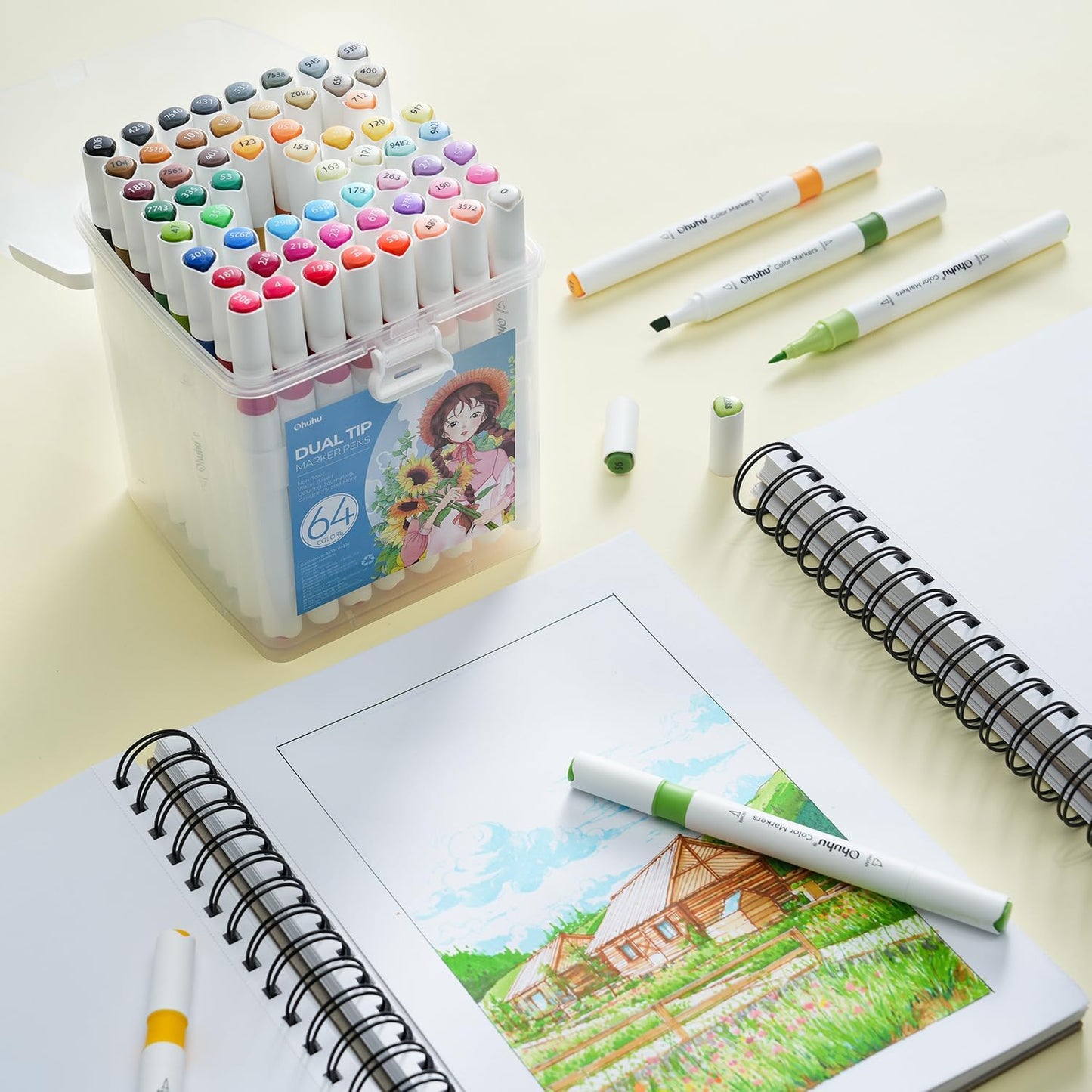 Ohuhu Set 64 De Markere Pentru Cărți De Colorat, Varf Dublu Chisel & Brush, Baza Apa, Non Toxic, Multicolor Y30-80600-56